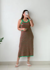 Size M-L Green & Red Striped Knit Midi Dress