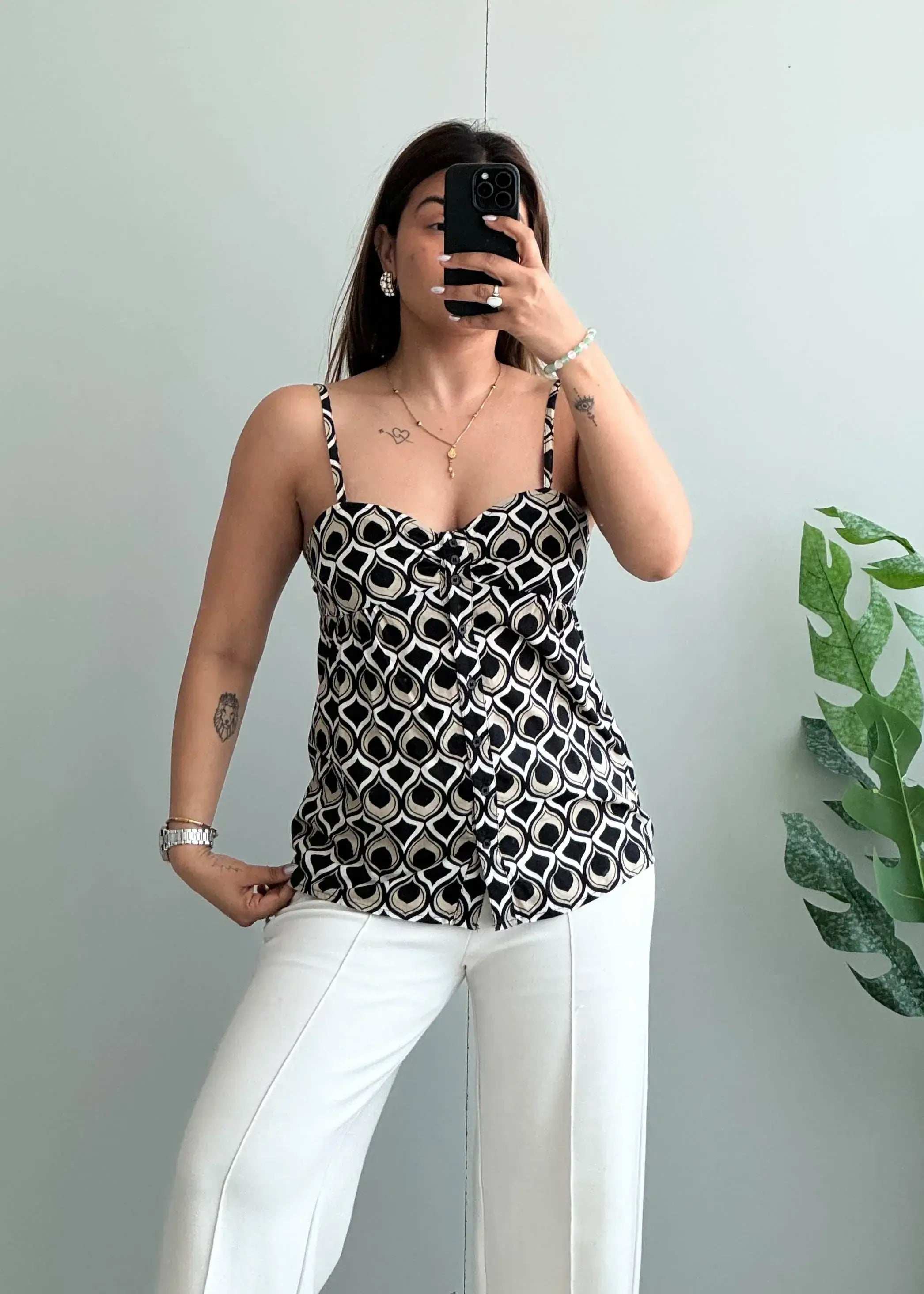 Size S-M, Black & Beige Geometric Print Cami Top for Women - Closet by Payal