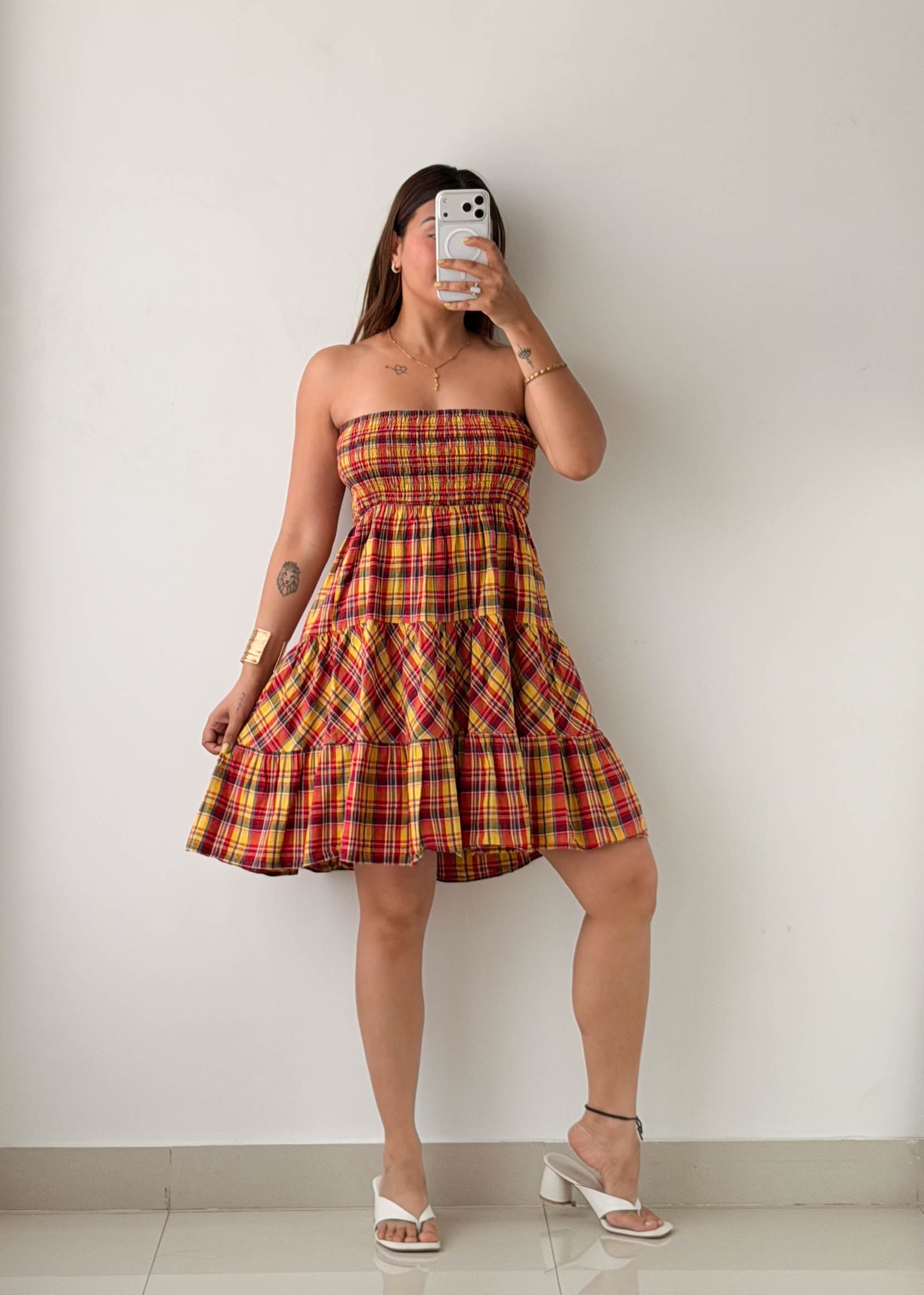 Size M-L Multicolor Plaid Smocked Mini Dress