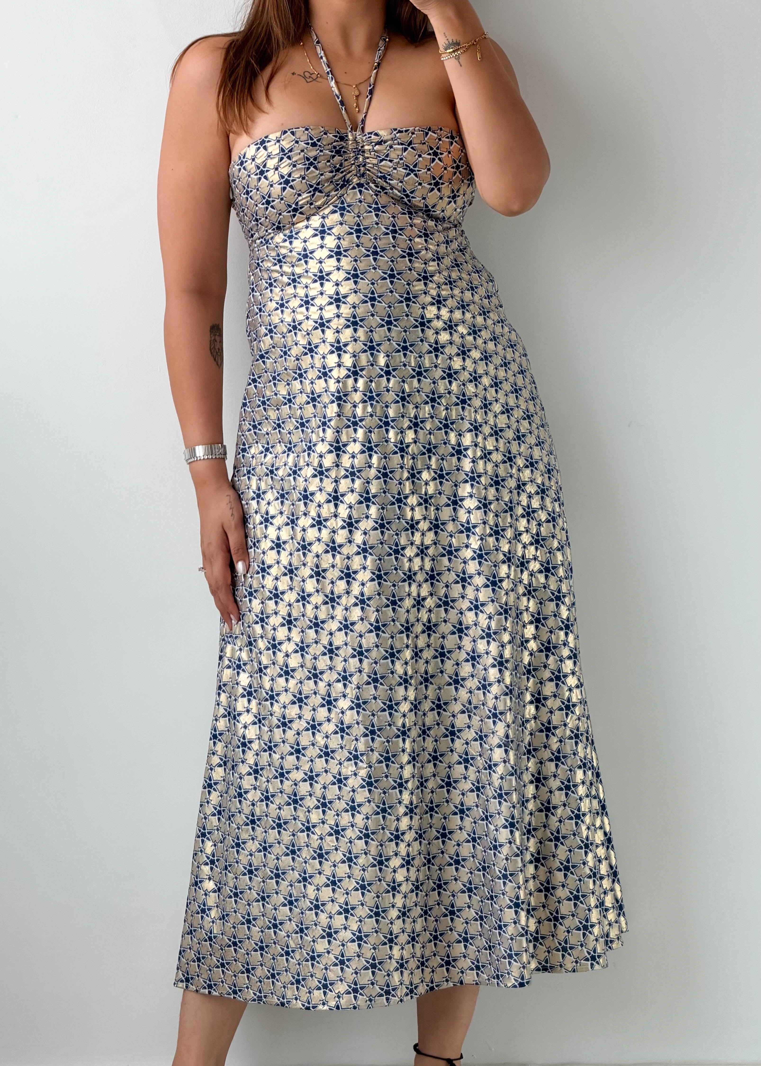 Size XS Cream Blue Printed Midi Dress