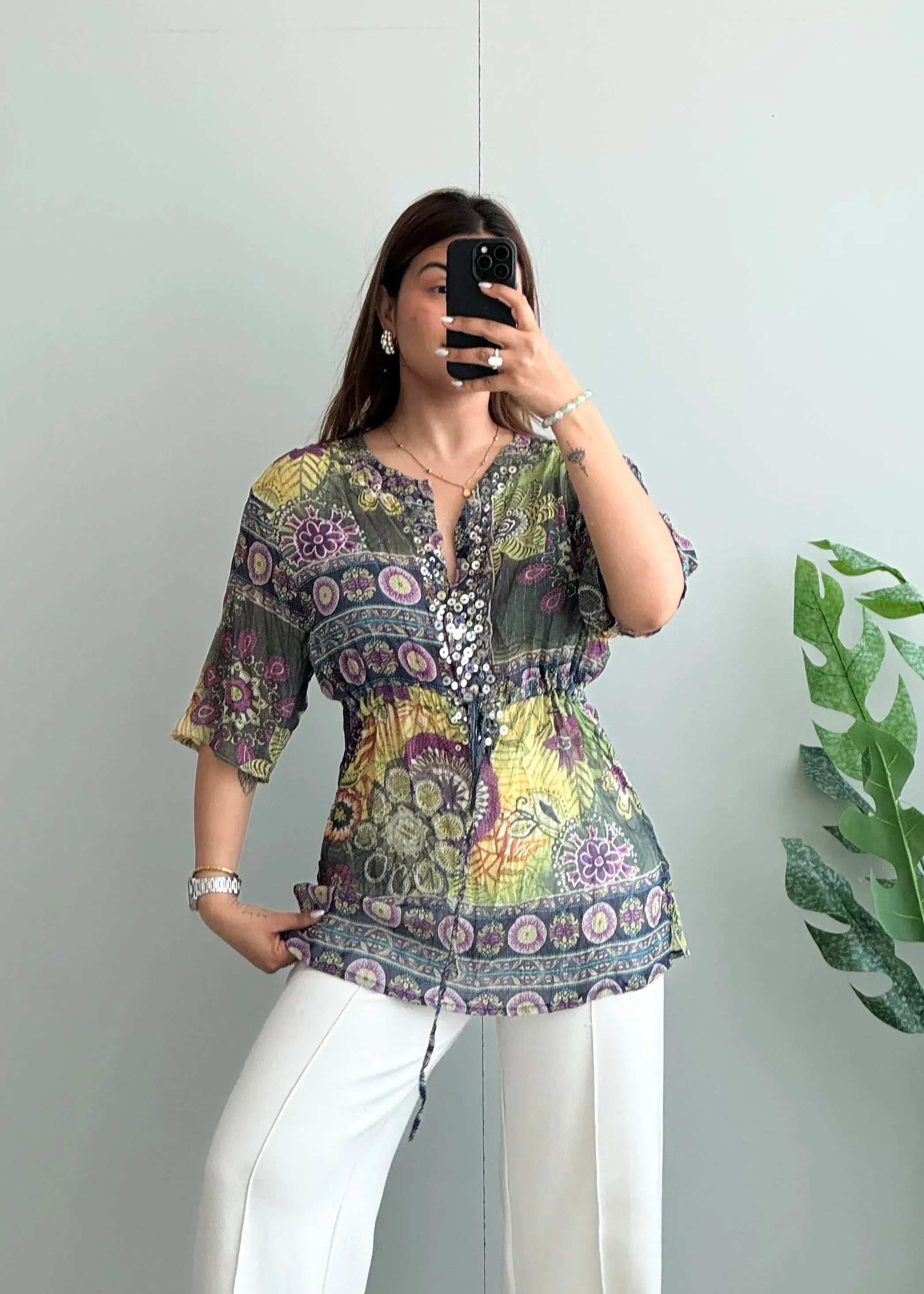 Size S-M, Multicolor Bohemian Print Sequin Detail Top - Closet by Payal