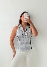 Size S-M Grey Striped Ruffle Sleeveless Shirt