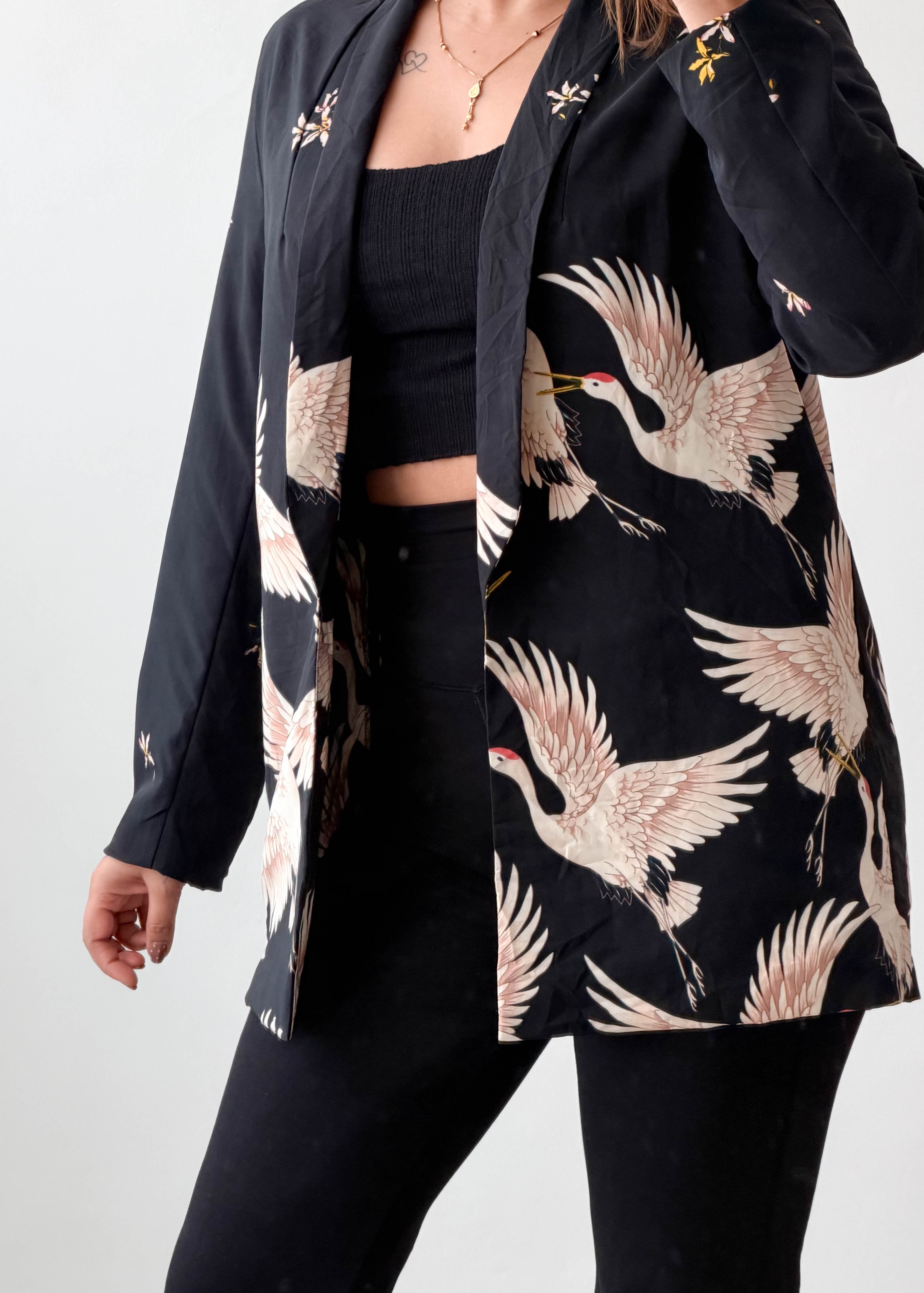 Size S-M Black Crane Print Blazer Jacket