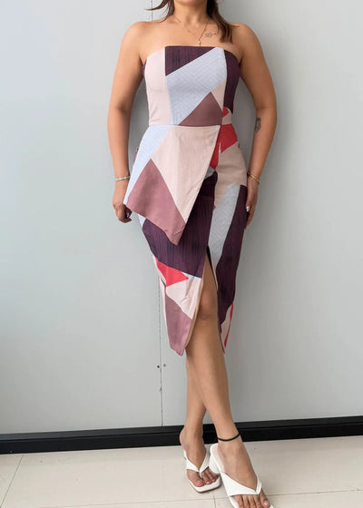 Size S-M, Abstract Print Asymmetrical Midi Dress - Closet by Payal
