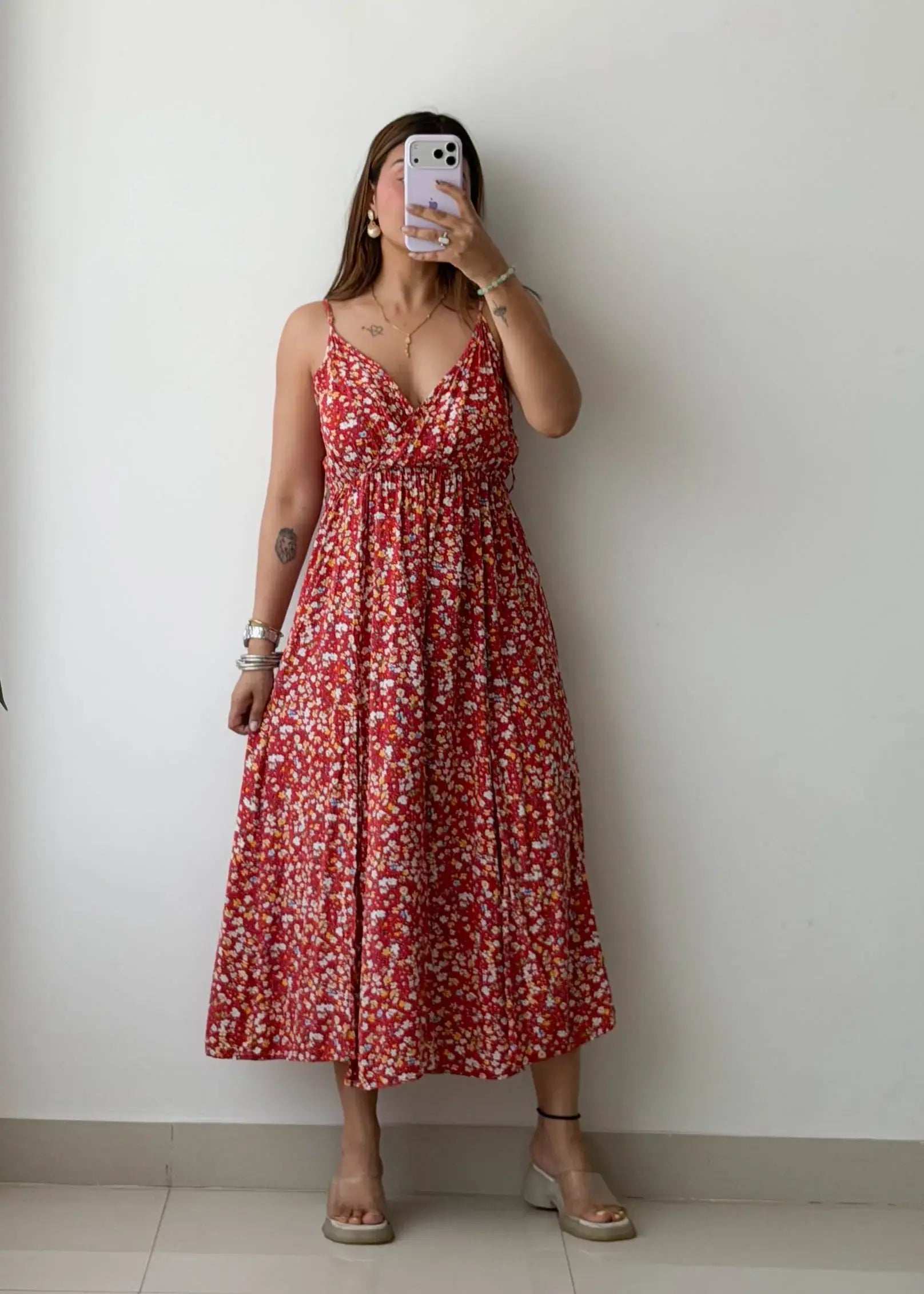 Size M-L, Red Floral Midi Dress