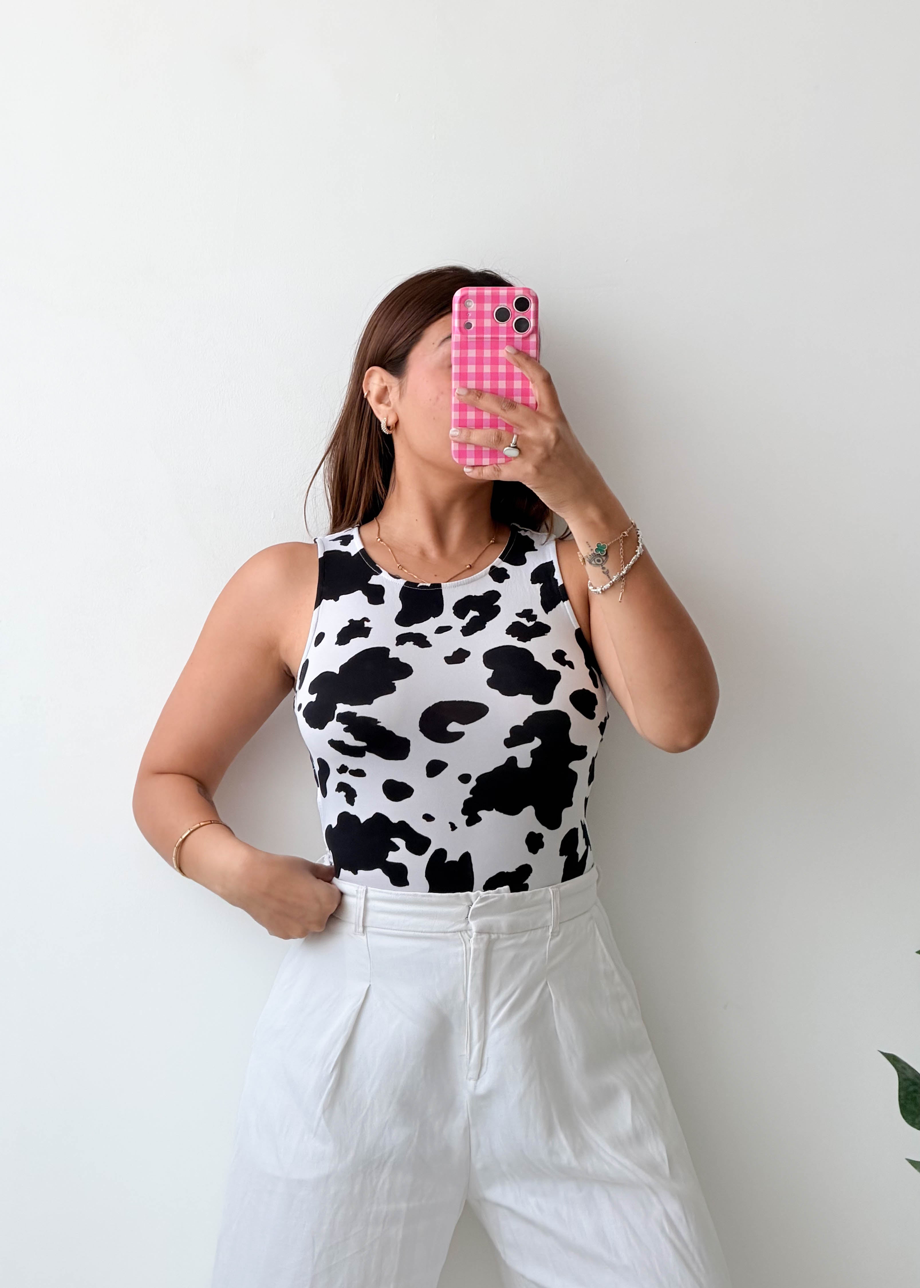 Size S-M Cow Print Open Back Bodysuit