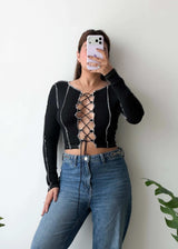 SIZE XS-S, Black Lace-Up Front Crop Top