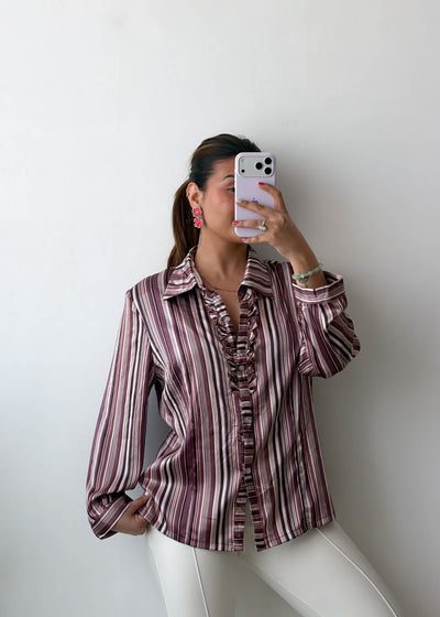 M-L Maroon Stripe Satin Ruffle Shirt