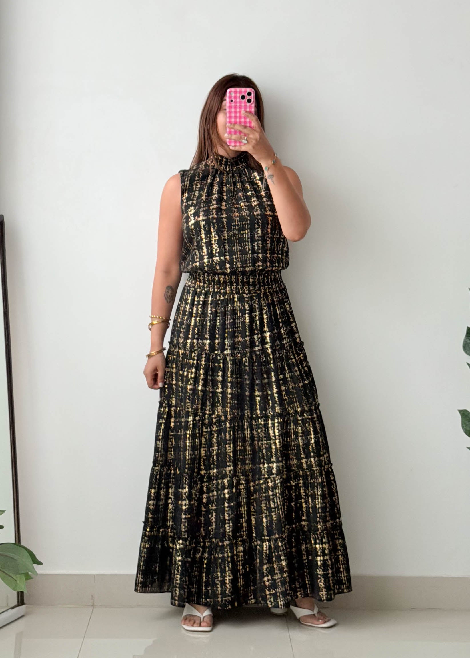 Size M-L Black & Gold Printed Maxi Dress