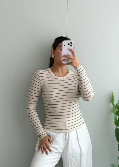 Size S-M, Beige Stripe Long Sleeve Top - Closet by Payal