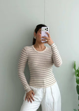 Size S-M, Beige Stripe Long Sleeve Top - Closet by Payal