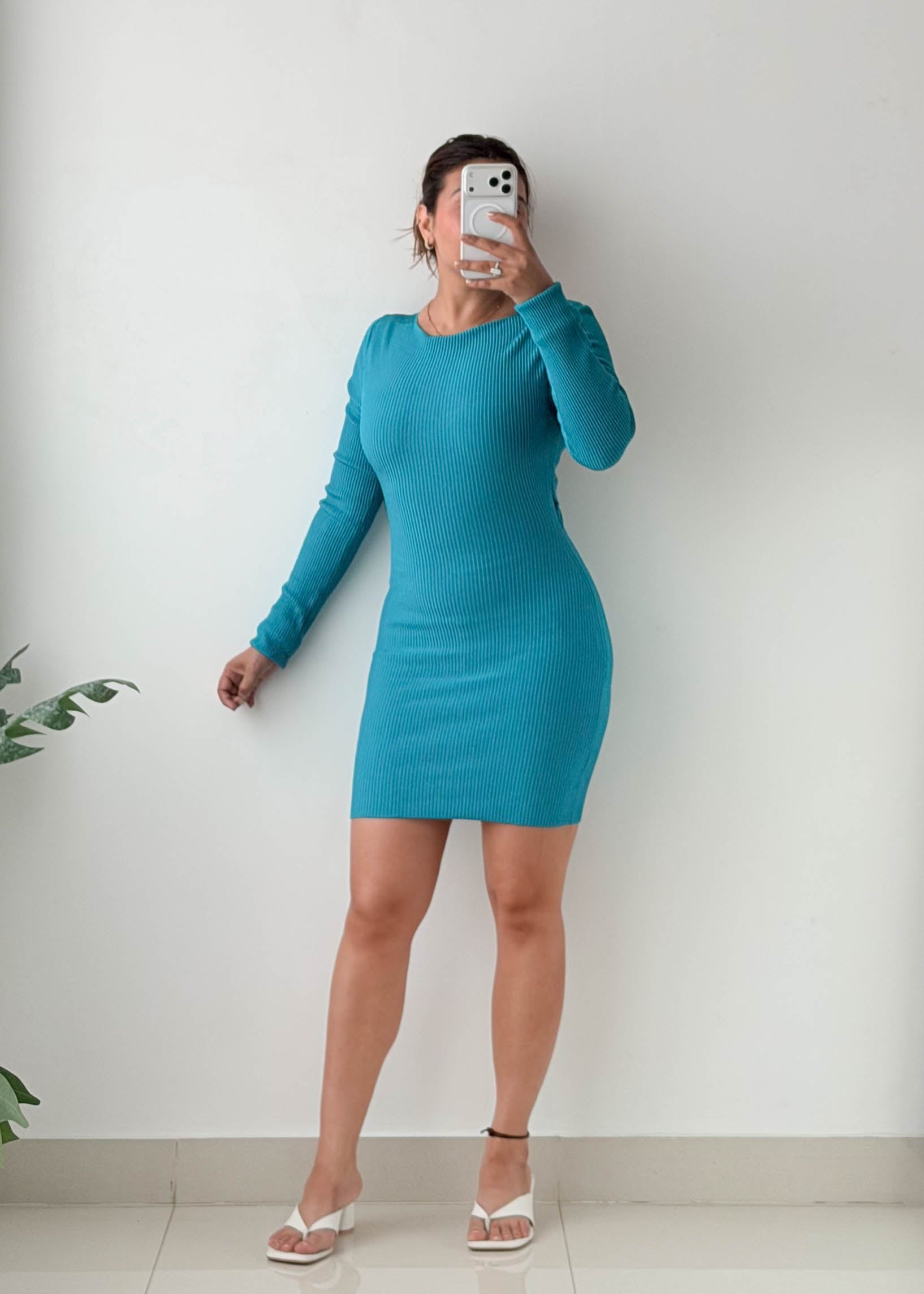 Size S-M Teal Ribbed Knit Mini Dress