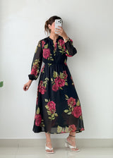 Size XS-S Black Floral Print Midi Dress
