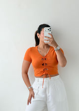 Size S-M Orange Ruched Tie Front Top