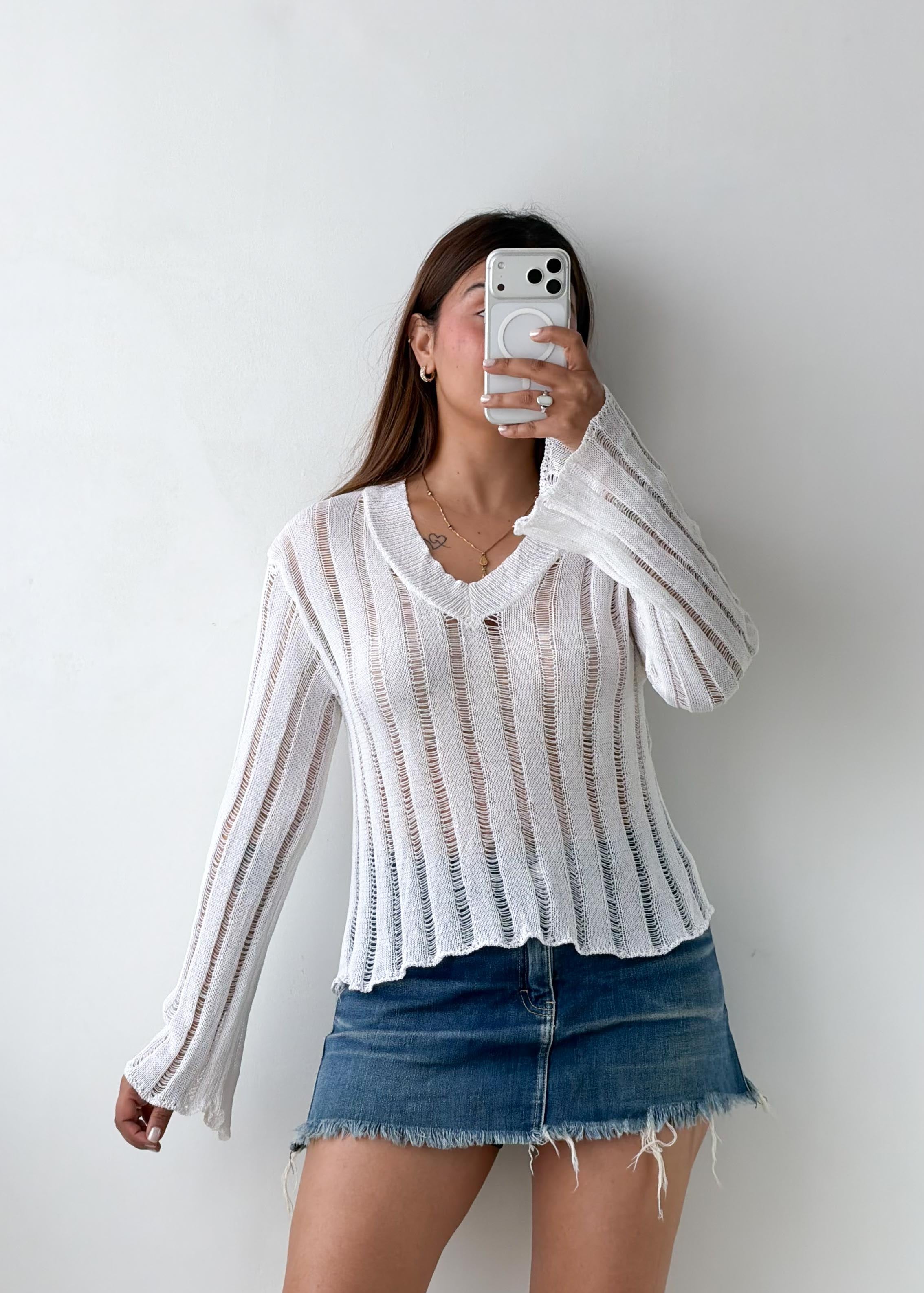 Size S-M White Sheer Ribbed Knit Top