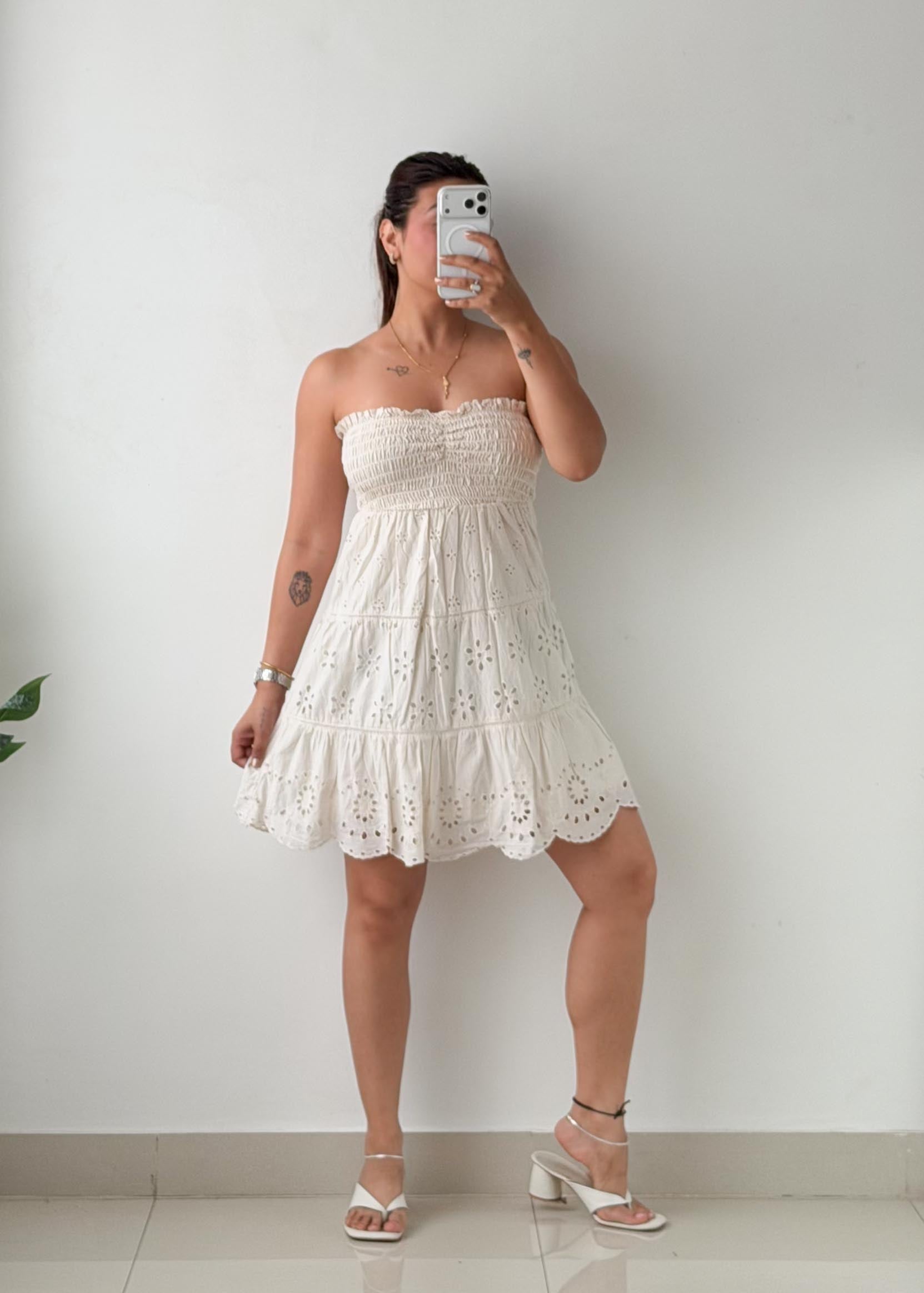 Size S-M White Broderie Smocked Mini Dress