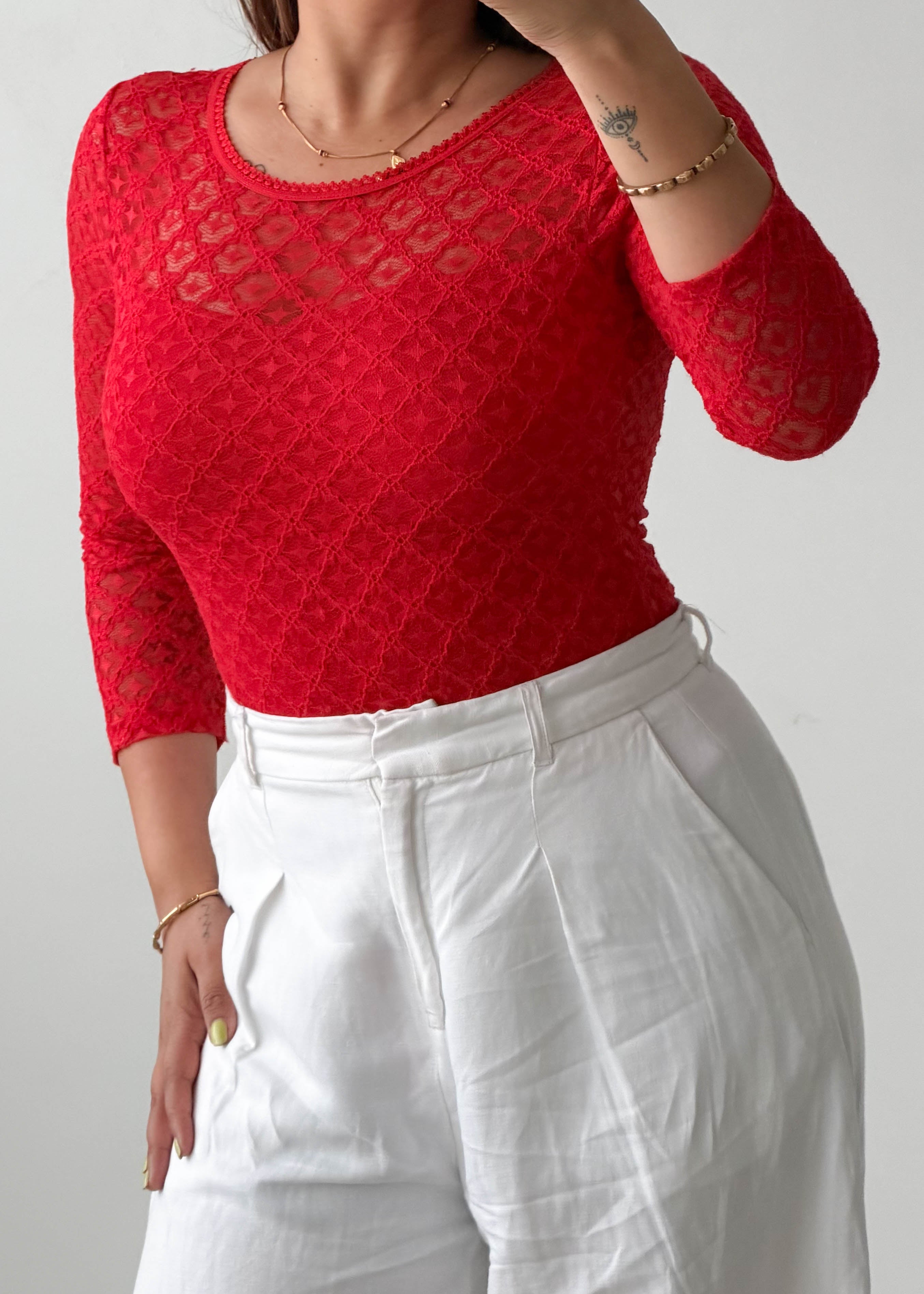 Size S-M Red Lace Long Sleeve Bodysuit