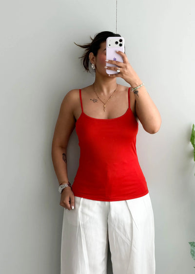 Size M-L, Red Square Neck Cami Top - Closet by Payal