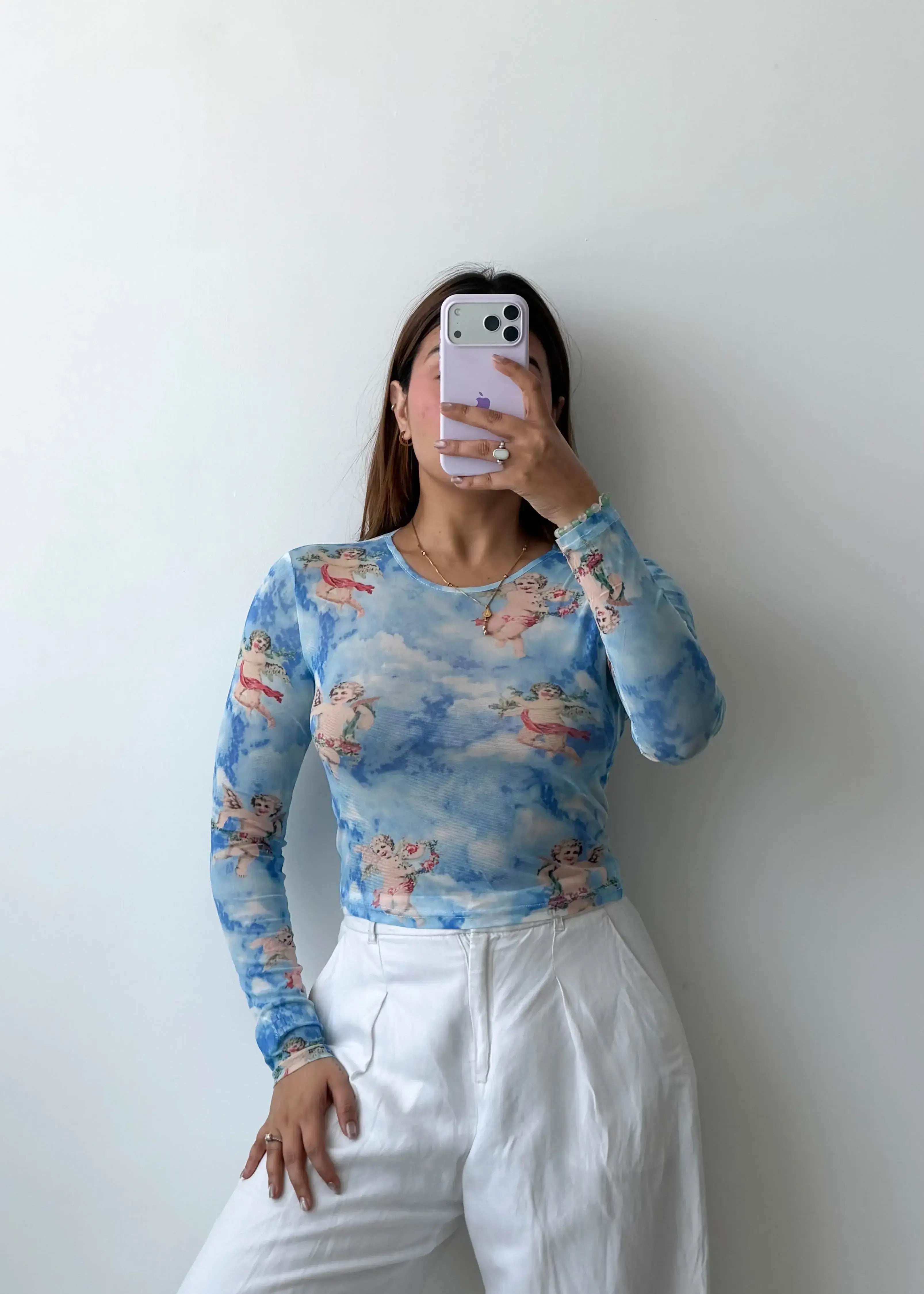 Size S-M Blue Angel Print Mesh Top