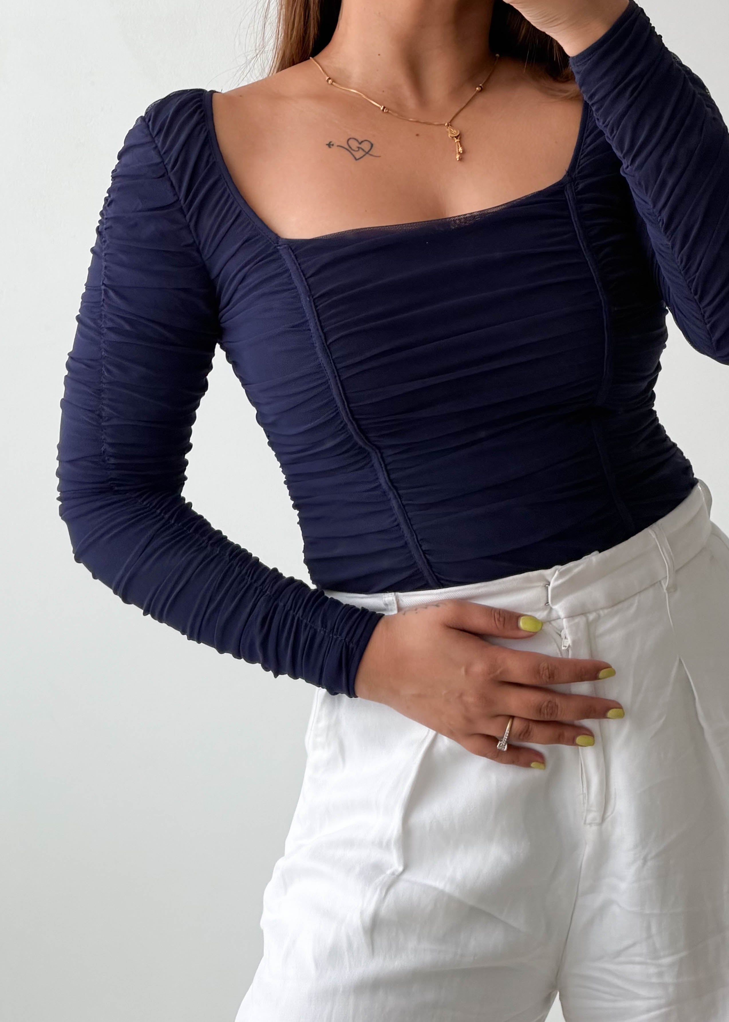 Size XS-S Navy Ruched Square Neck Bodysuit