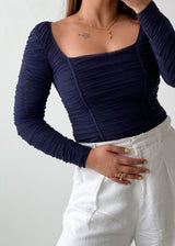 Size XS-S Navy Ruched Square Neck Bodysuit