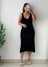 Size L-XL Black Ribbed Scoop Neck Midi Dress