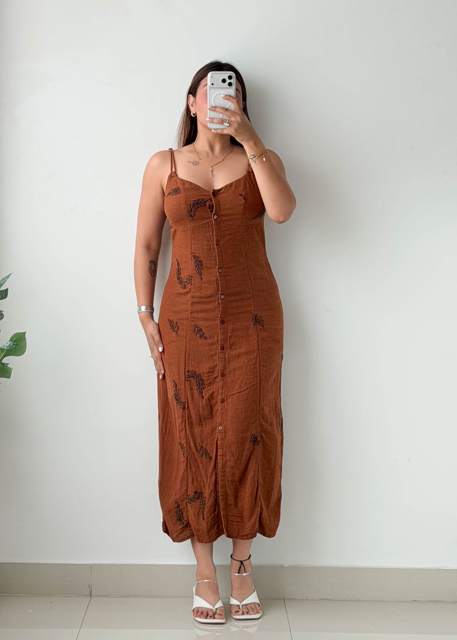 Size S Rust Printed Button-Front Maxi Dress