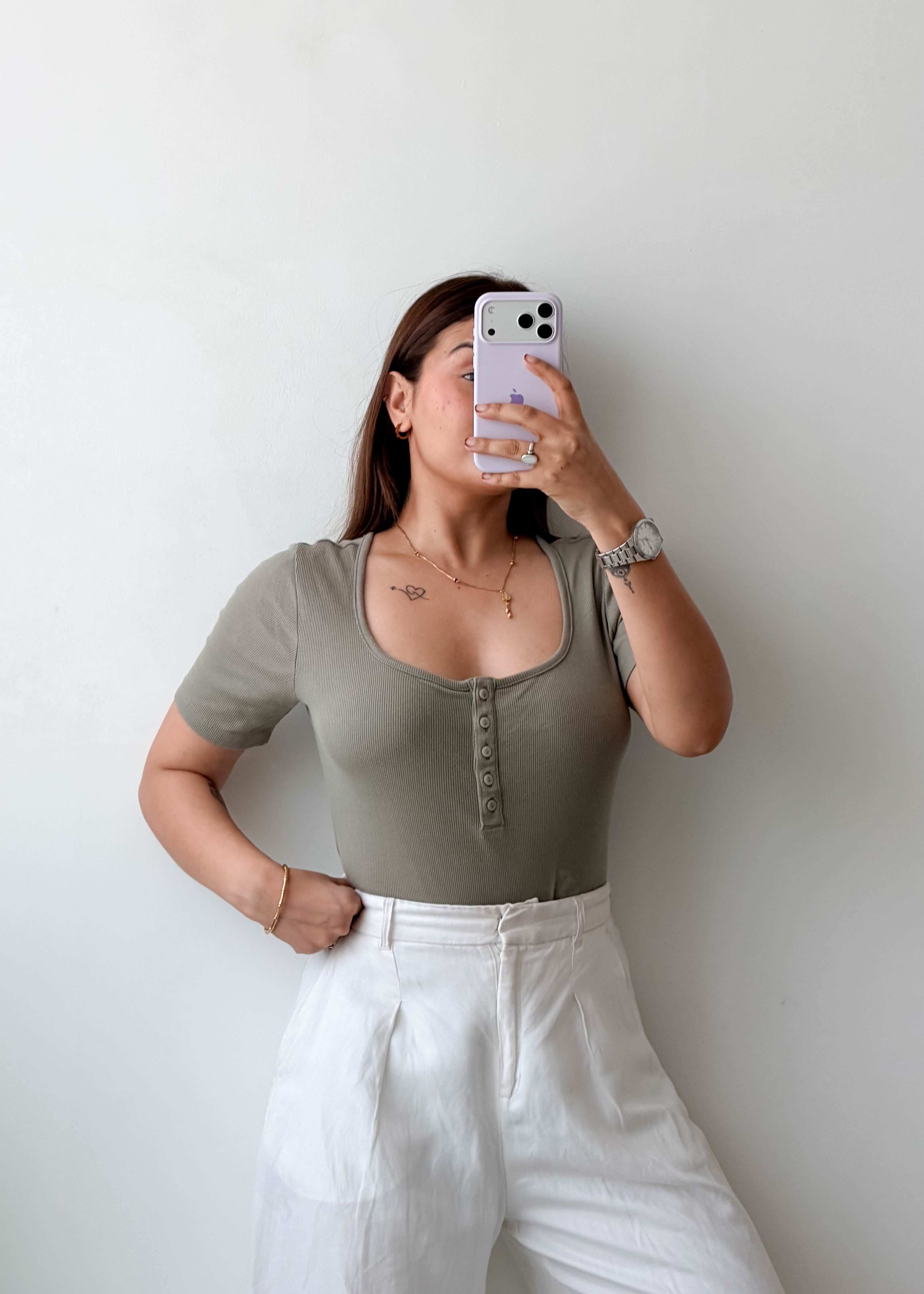 Size L Sage Button Detail Bodysuit