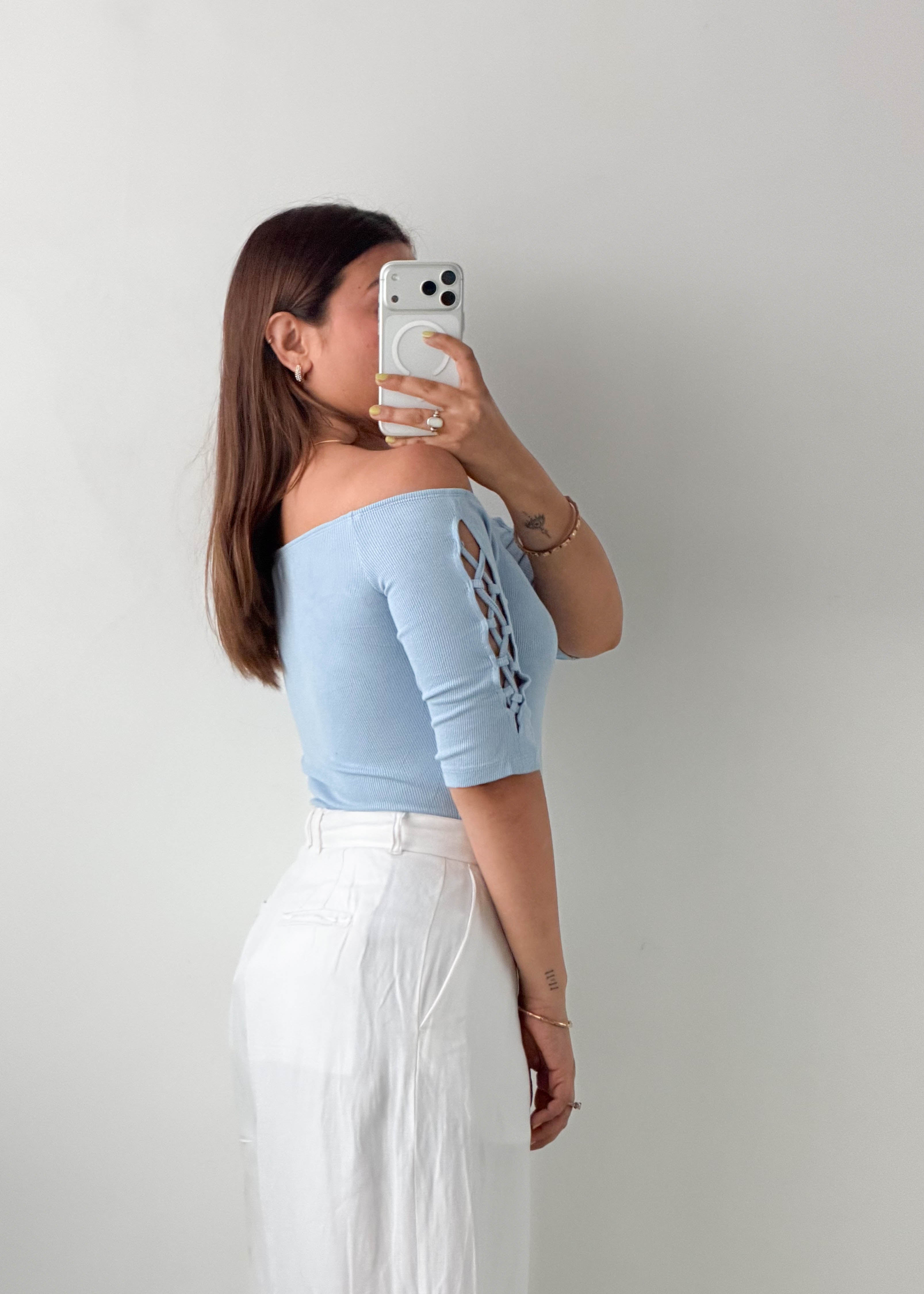 Size S-M Powder Blue Off-Shoulder Bodysuit