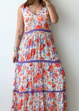 Size M-L, White Floral Tiered Maxi Dress