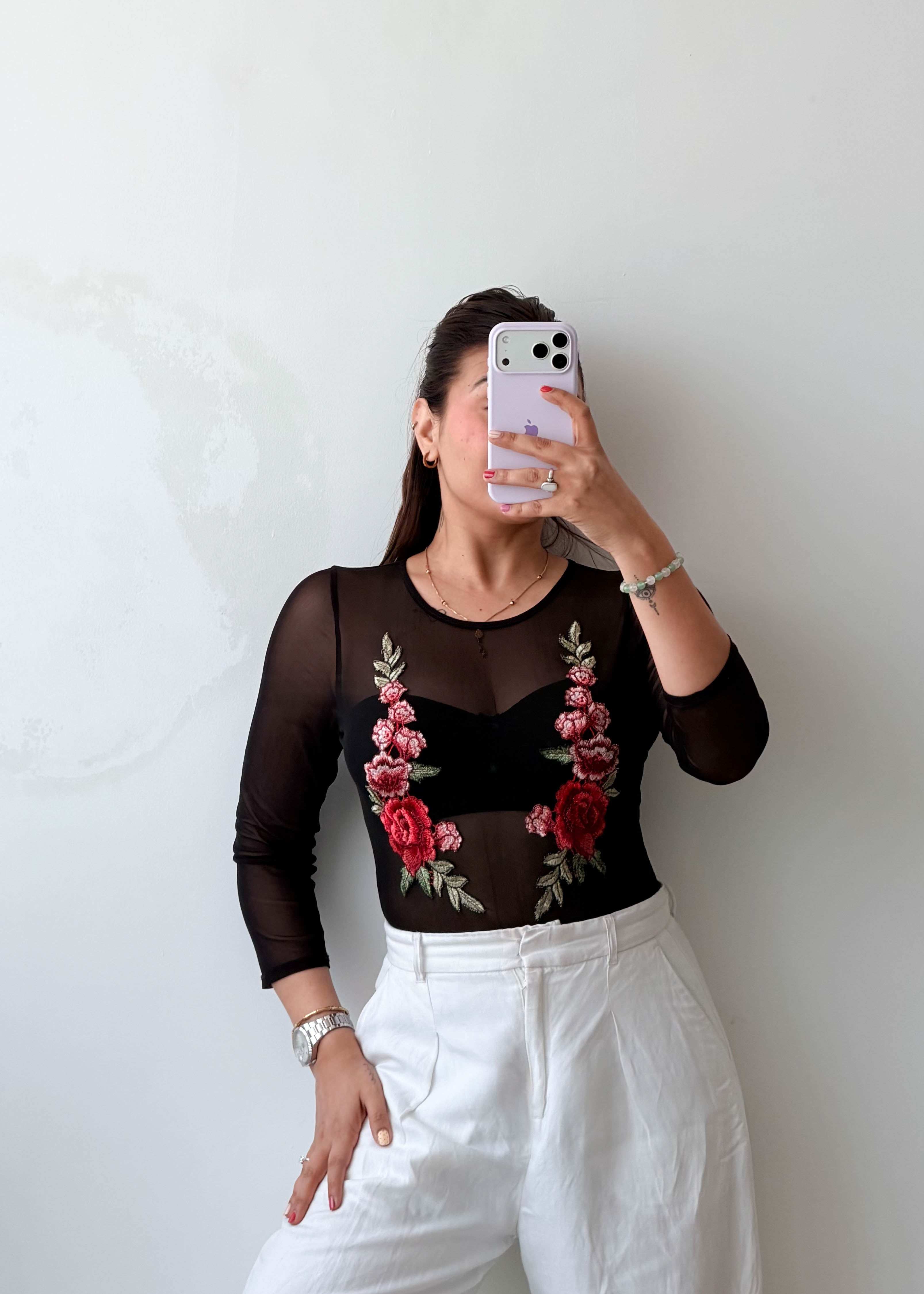 Size S-M Black Sheer Embroidered Bodysuit
