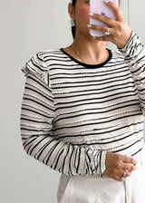 Size L-XL, Black & White Striped Long Sleeve Top - Closet by Payal
