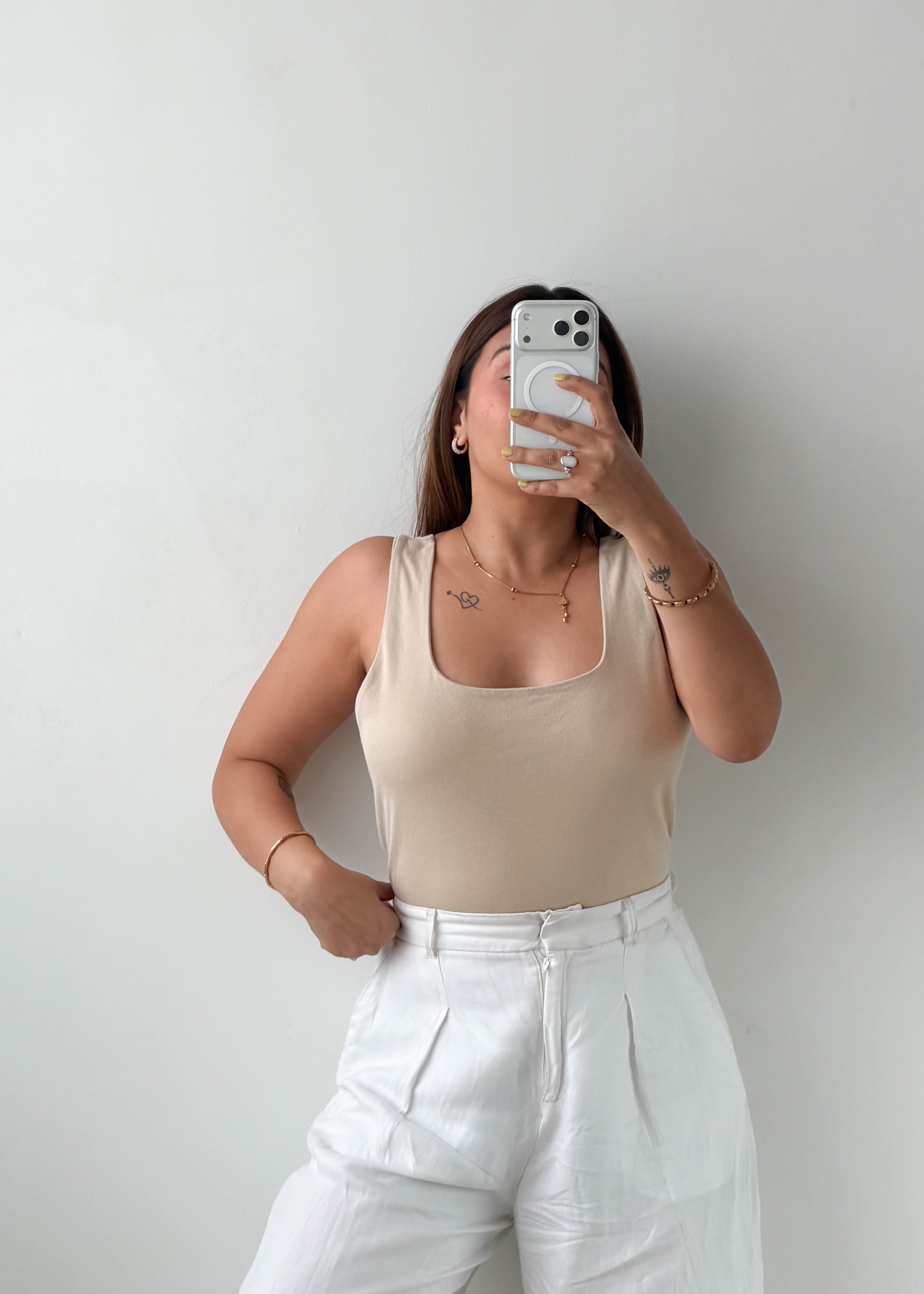 Size L-XL Beige Square Neck Bodysuit