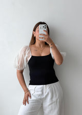 Size S-M Black Puff Sleeve Contrast Top
