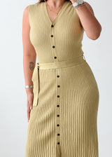 Size S-M Beige Ribbed Button Front Knit Midi Dress (Belt Included)