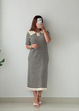 Size M-L Black & White Stripe Collared Knit Midi Dress