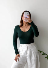 Size S-M, Bottle Green Scoop Neck Full Sleeve Bodysuit