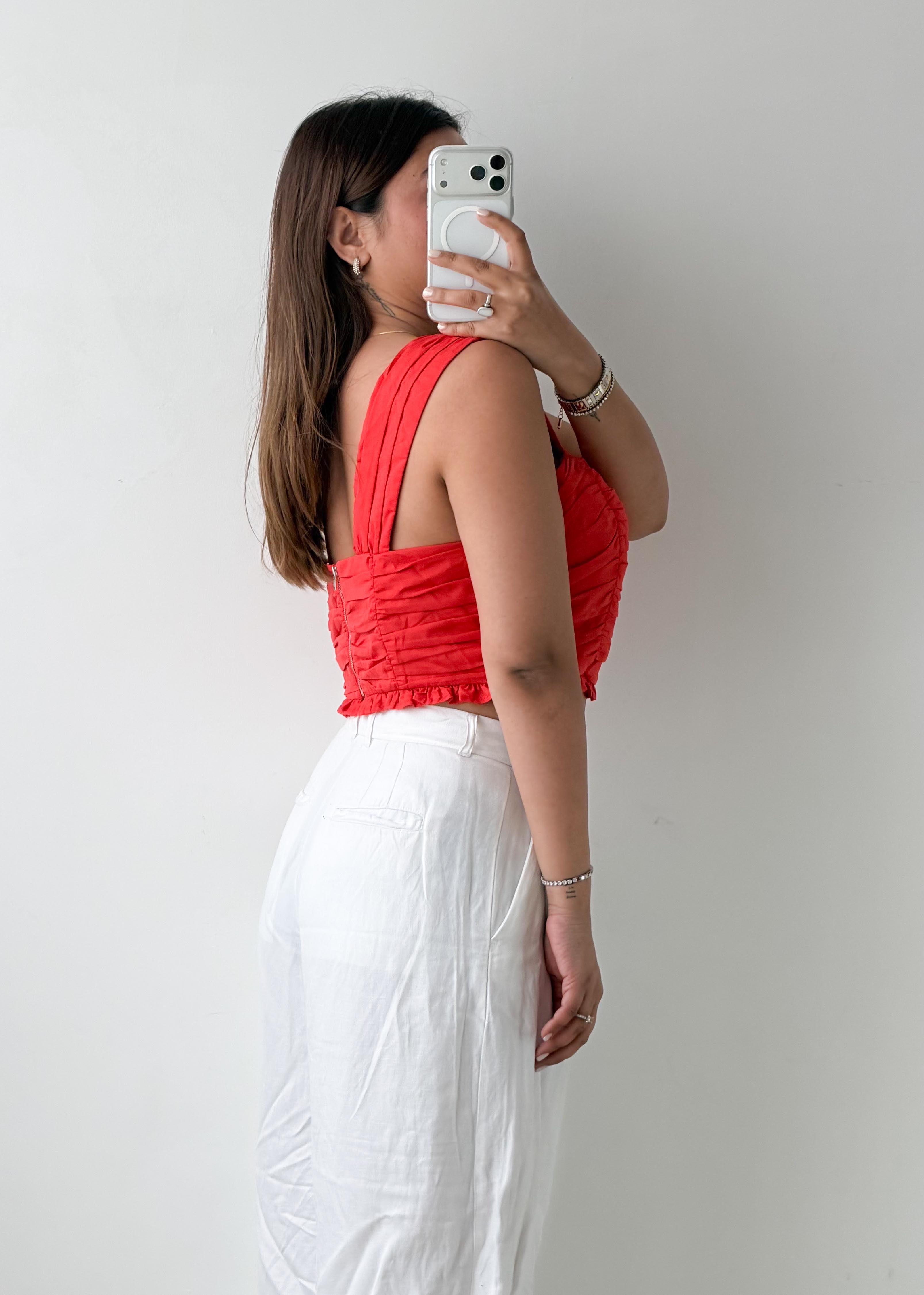 Size M Red Ruched One-Shoulder Top