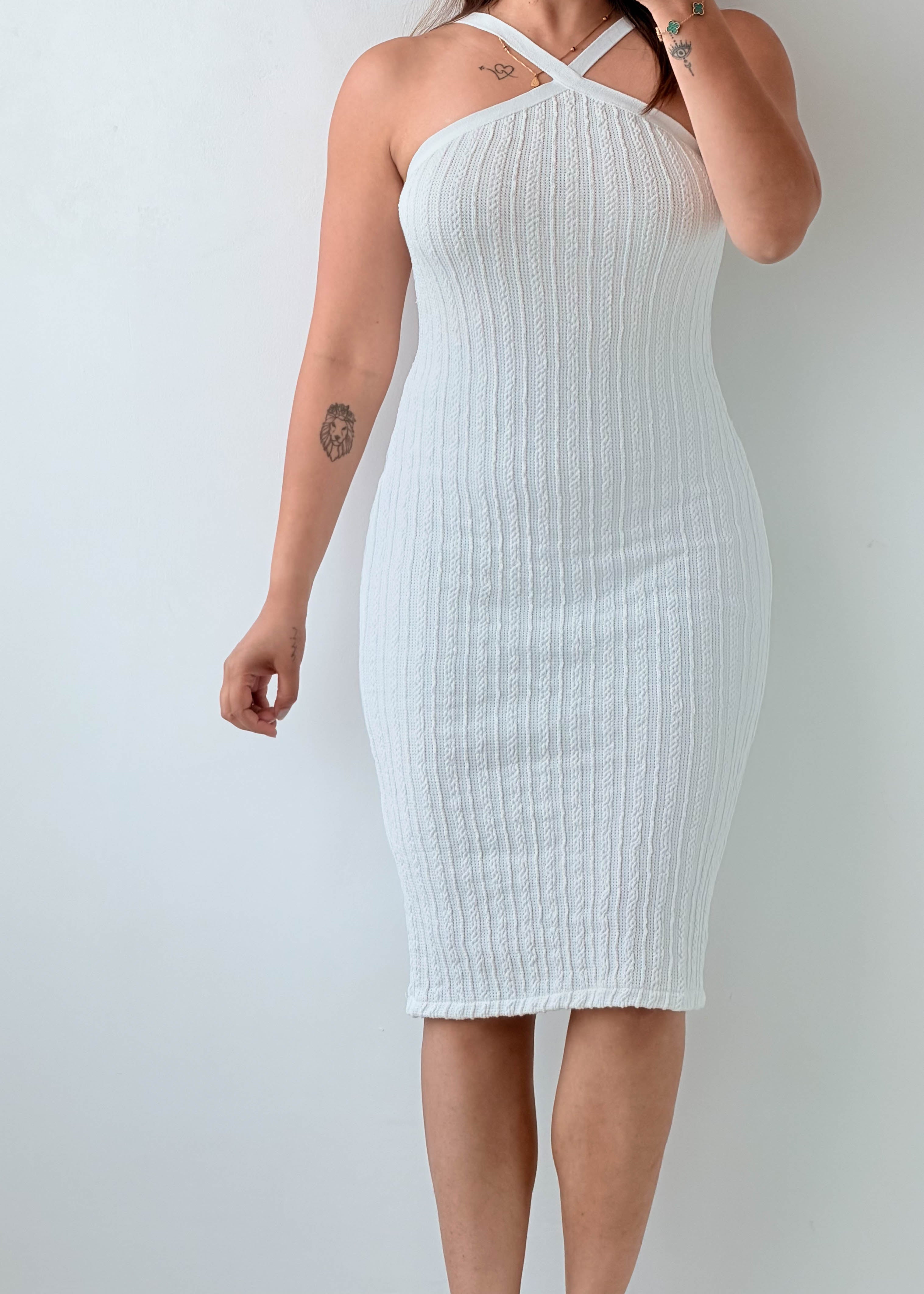 Size S-M White Ribbed Cross-Neck Midi Dress