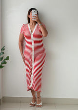 Size S-M Red & White Striped Ribbed Midi Dress