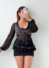 Size XS-S Black Floral Sheer Ruffle Top