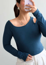 Size M-L, Teal Cut-Out Long Sleeve Top - Closet by Payal
