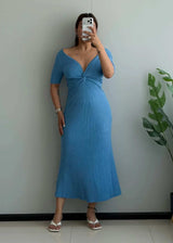 SIZE M-L, Blue Twist Front Ribbed Midi Dress - Closet by Payal