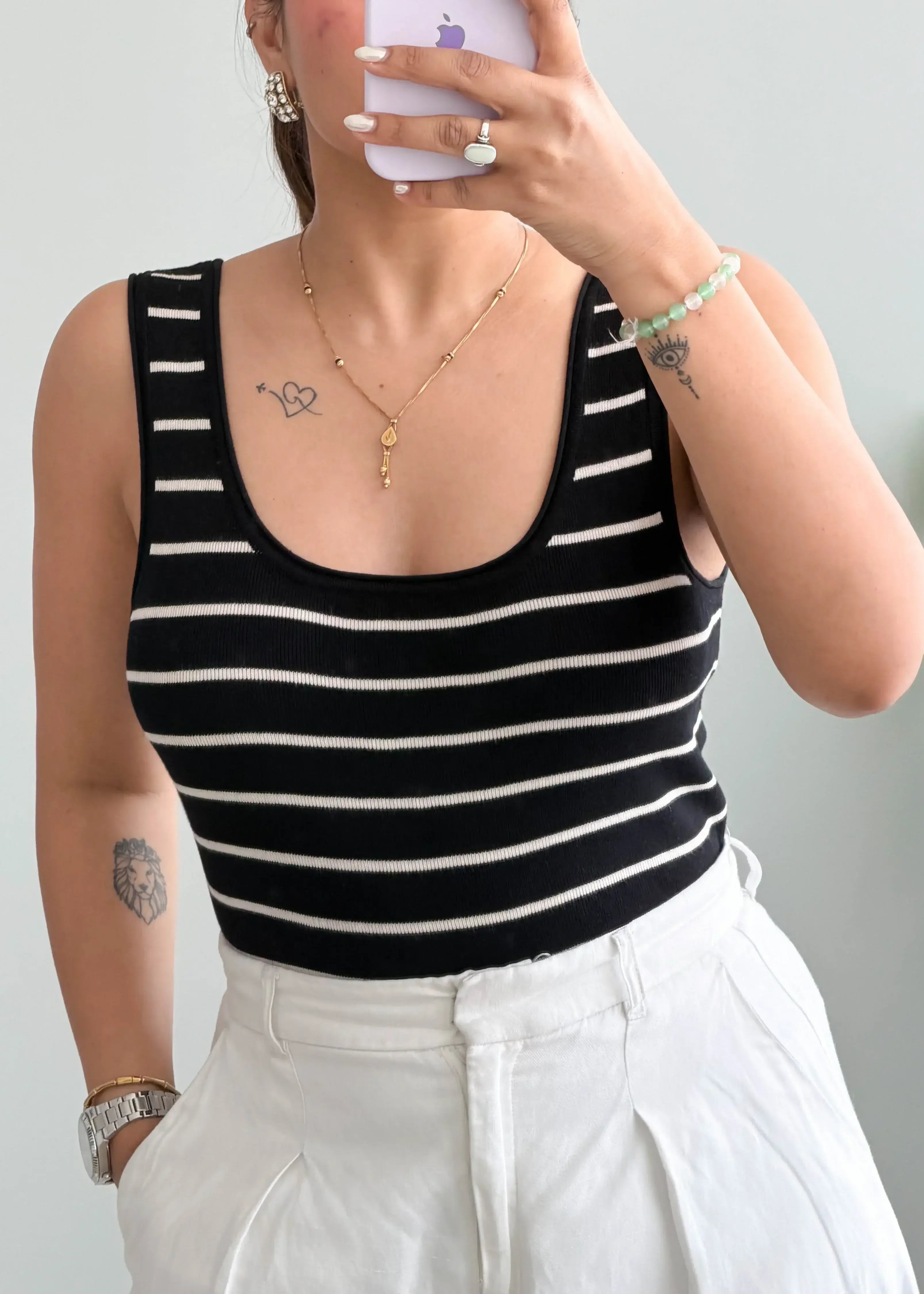 Size M-L, Black Stripe Ribbed Tank Top - Closet by Payal