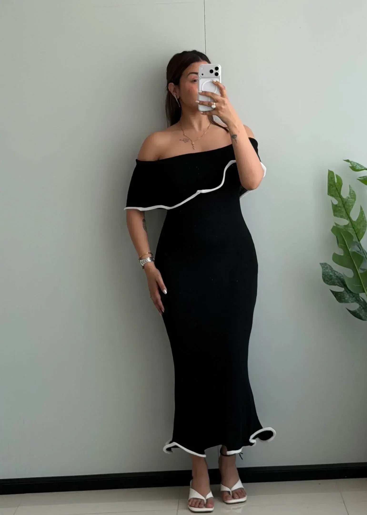 SIZE S-M, Black Off-Shoulder Ruffle Trim Maxi Dress - Closet by Payal
