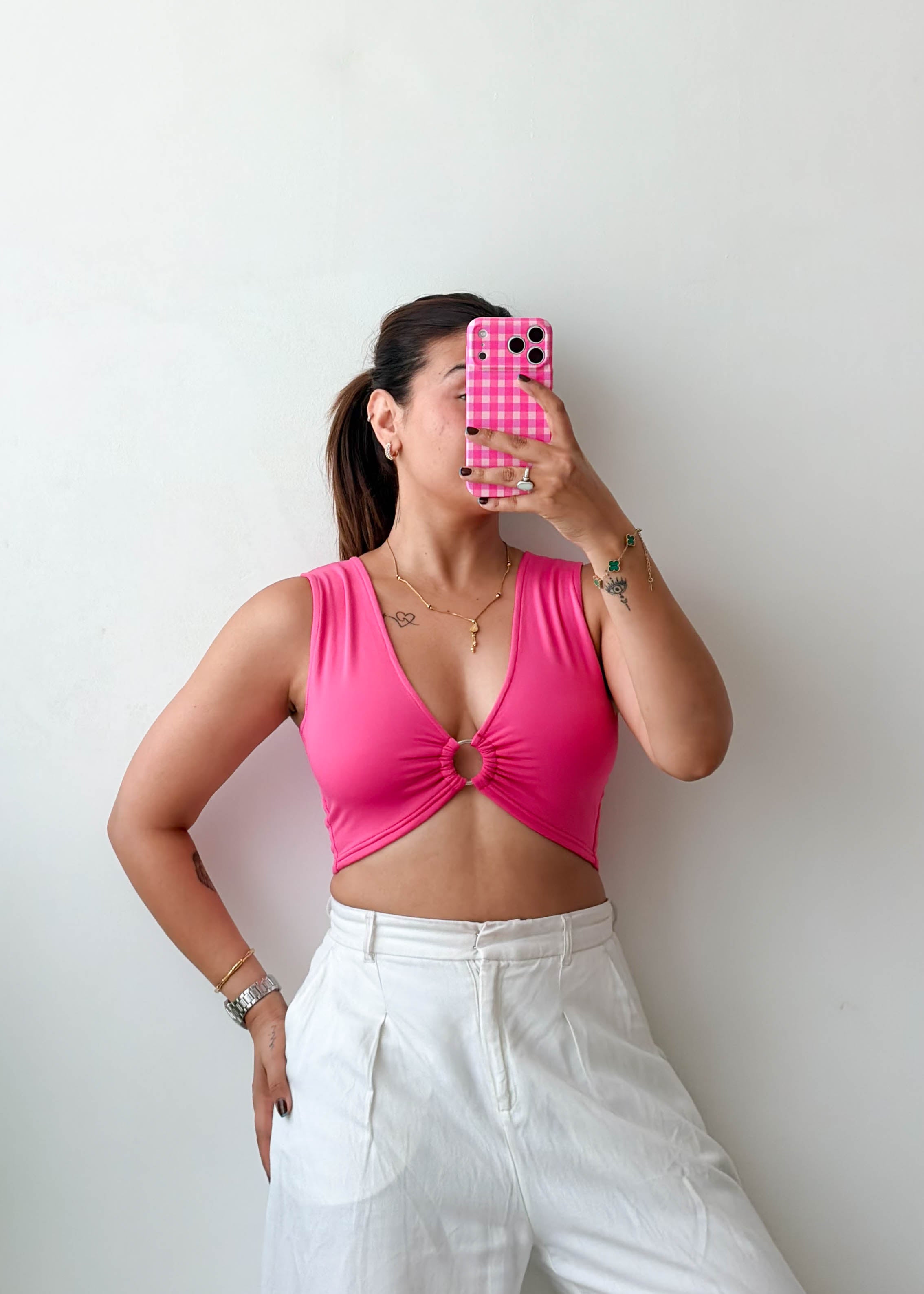 Size S-M Hot Pink Ring Detail Crop Top
