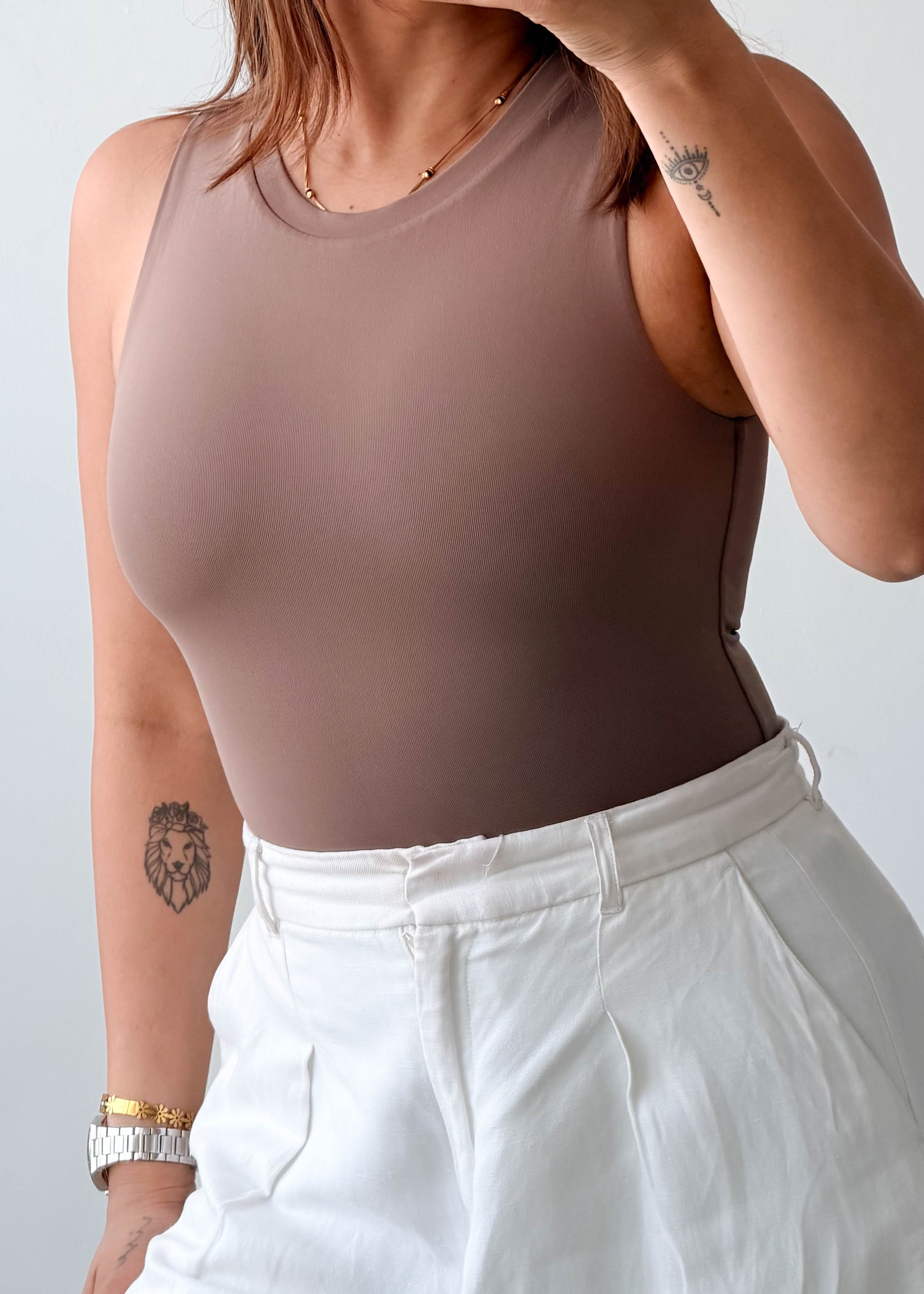 Size XS-S Taupe High Neck Sleeveless Bodysuit