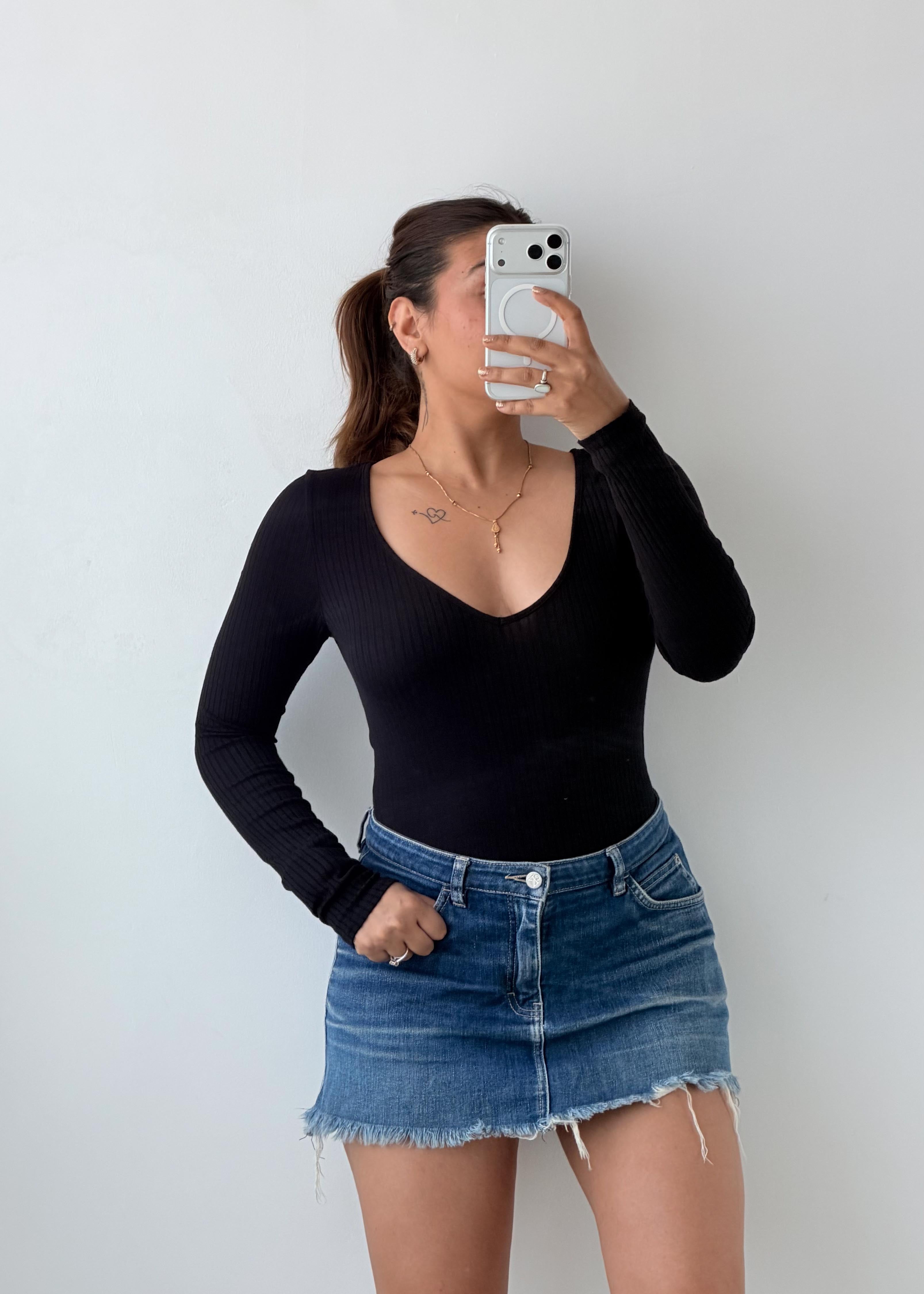 Size M-L Black Deep V-Neck Bodysuit