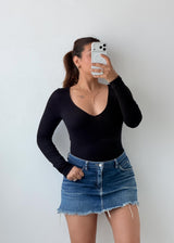 Size M-L Black Deep V-Neck Bodysuit