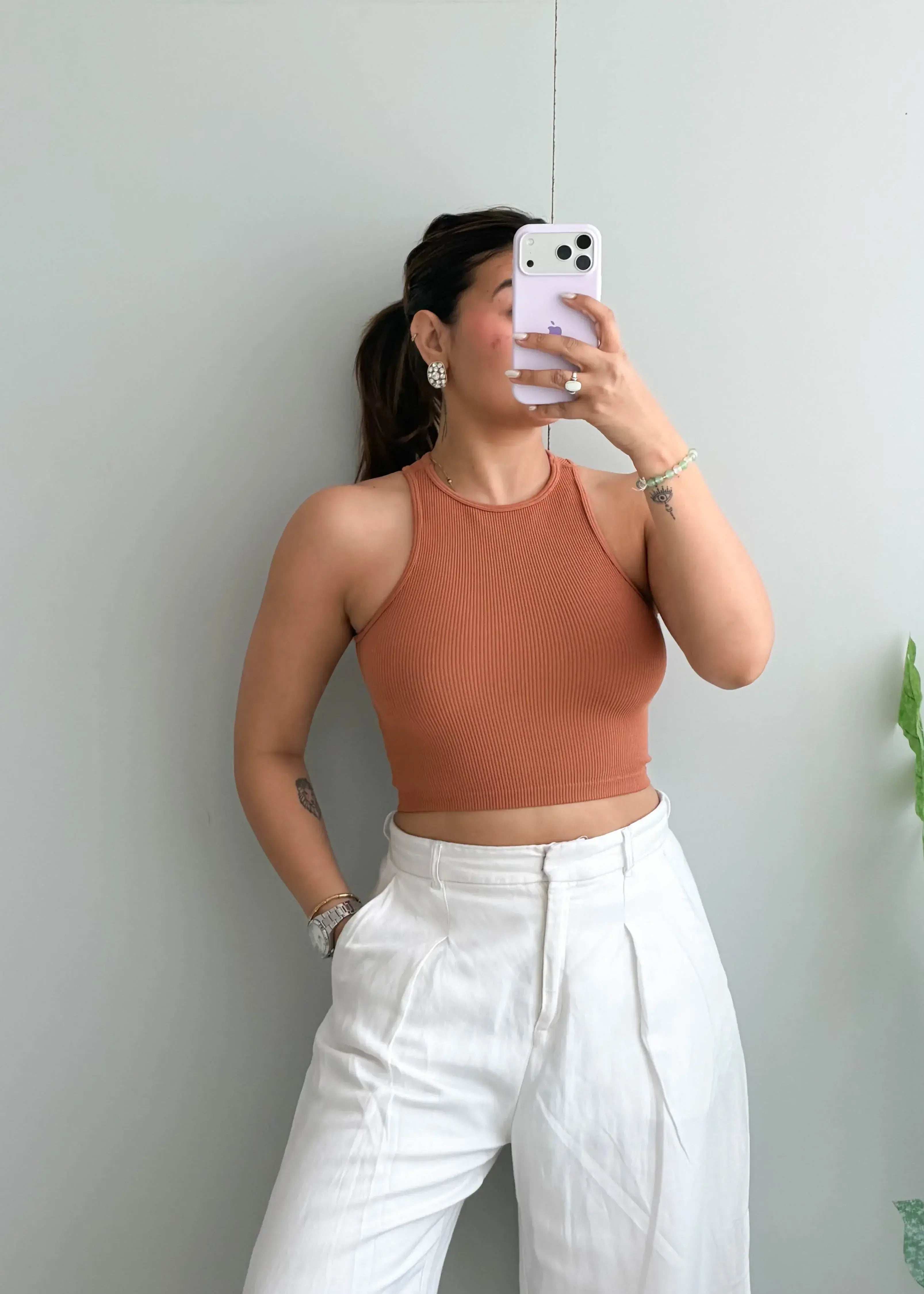 Size XS-S, Rust High Neck Ribbed Crop Top - Closet by Payal